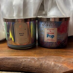 Bath & Body Works White Surf and Firecracker Pop 3-wick Candles